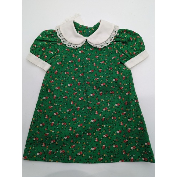 Unbranded Other - Vintage Baby Girl 24M Green Micro Floral White Peter Pan Collar Shift Dress